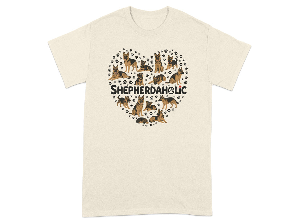 T-shirt with a heart made of German Shepherd dogs and paw prints, text "SHEPHERDAHOLIC".