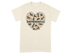 T-shirt with a heart made of German Shepherd dogs and paw prints, text "SHEPHERDAHOLIC".