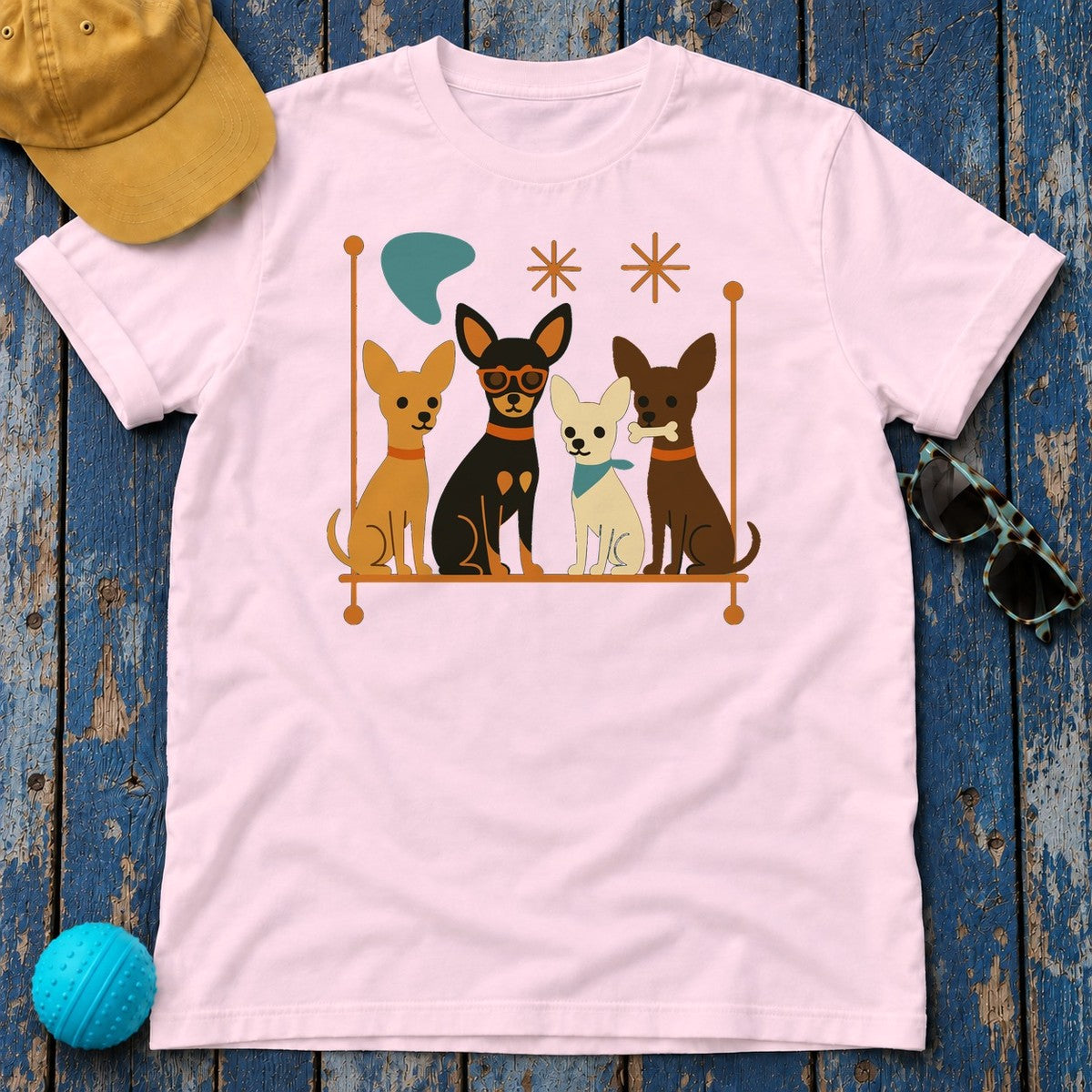 Mid-Century Chihuahua Crew T-Shirt in Light Pink