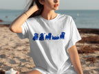 White t-shirt with a row of blue pug silhouettes in different poses.