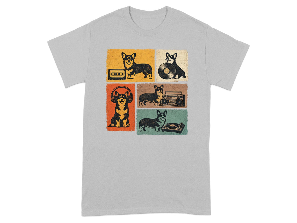 Six panel illustration of corgis with vintage music items.
