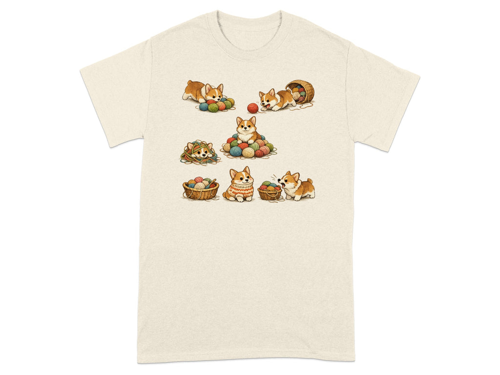Seven corgi puppies play with balls of yarn and sit in baskets.