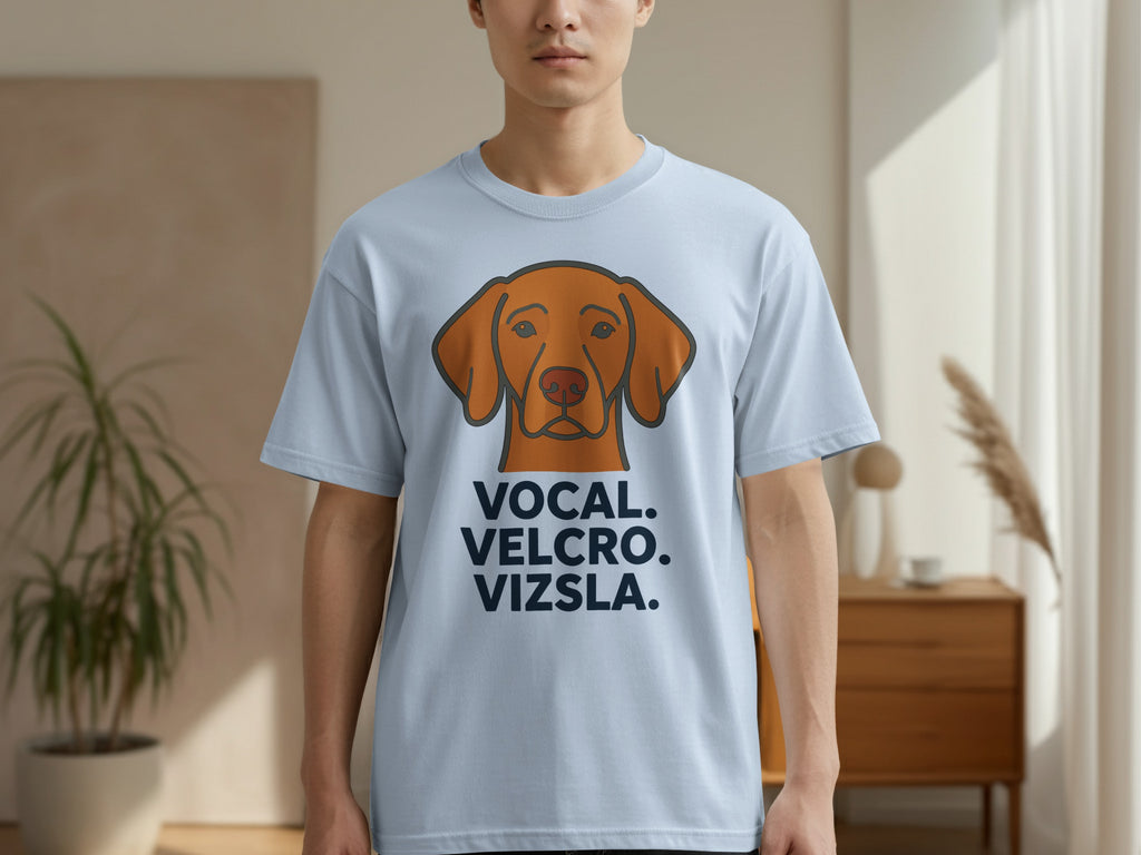 Light blue t-shirt with a Vizsla dog head graphic and text.