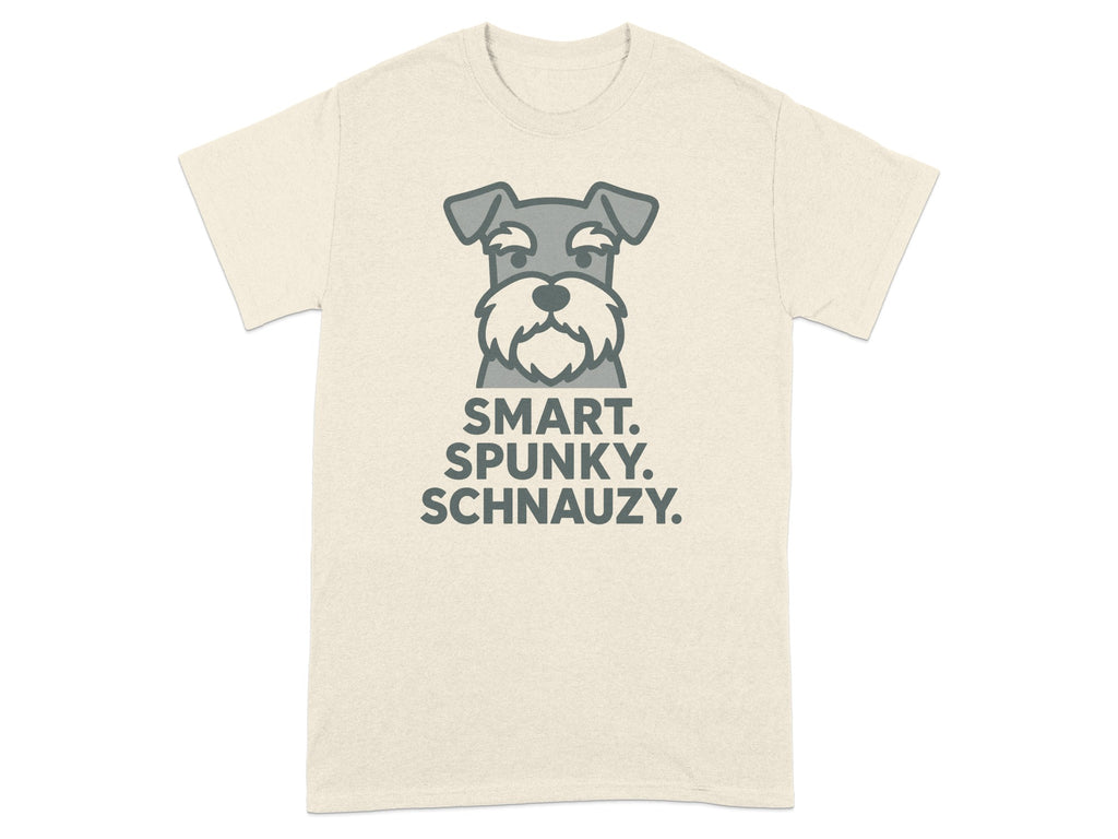 Cream t-shirt with a grey schnauzer graphic and "SMART. SPUNKY. SCHNAUZY." text.