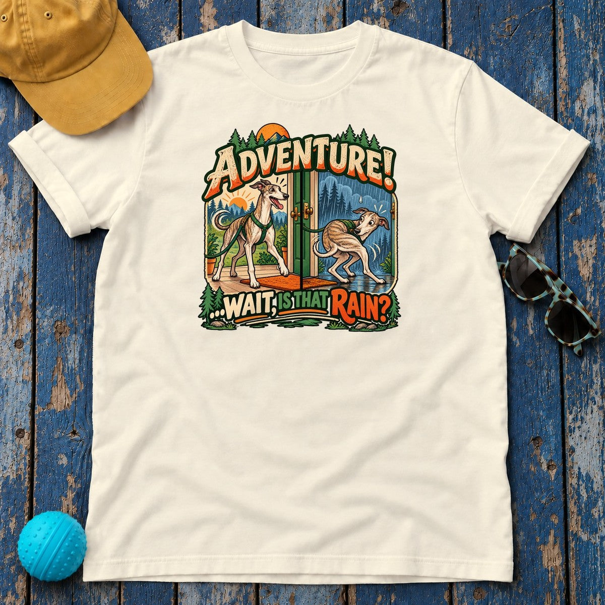 Adventure Wait Is That Rain Greyhound T-Shirt in Natural - flat lay