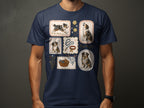 Vintage illustrations of Australian Shepherds with dog accessories on a navy t-shirt.