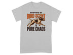 Gray t-shirt with "Powered by Bird Scent & Pure Chaos" and a running dog graphic.