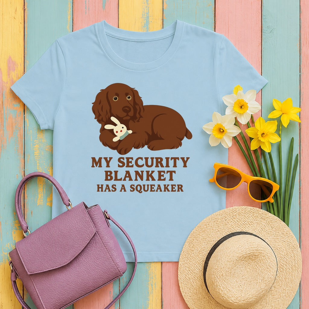 Boykin Spaniel Security Blanket Has a Squeaker T-shirt in Light Blue