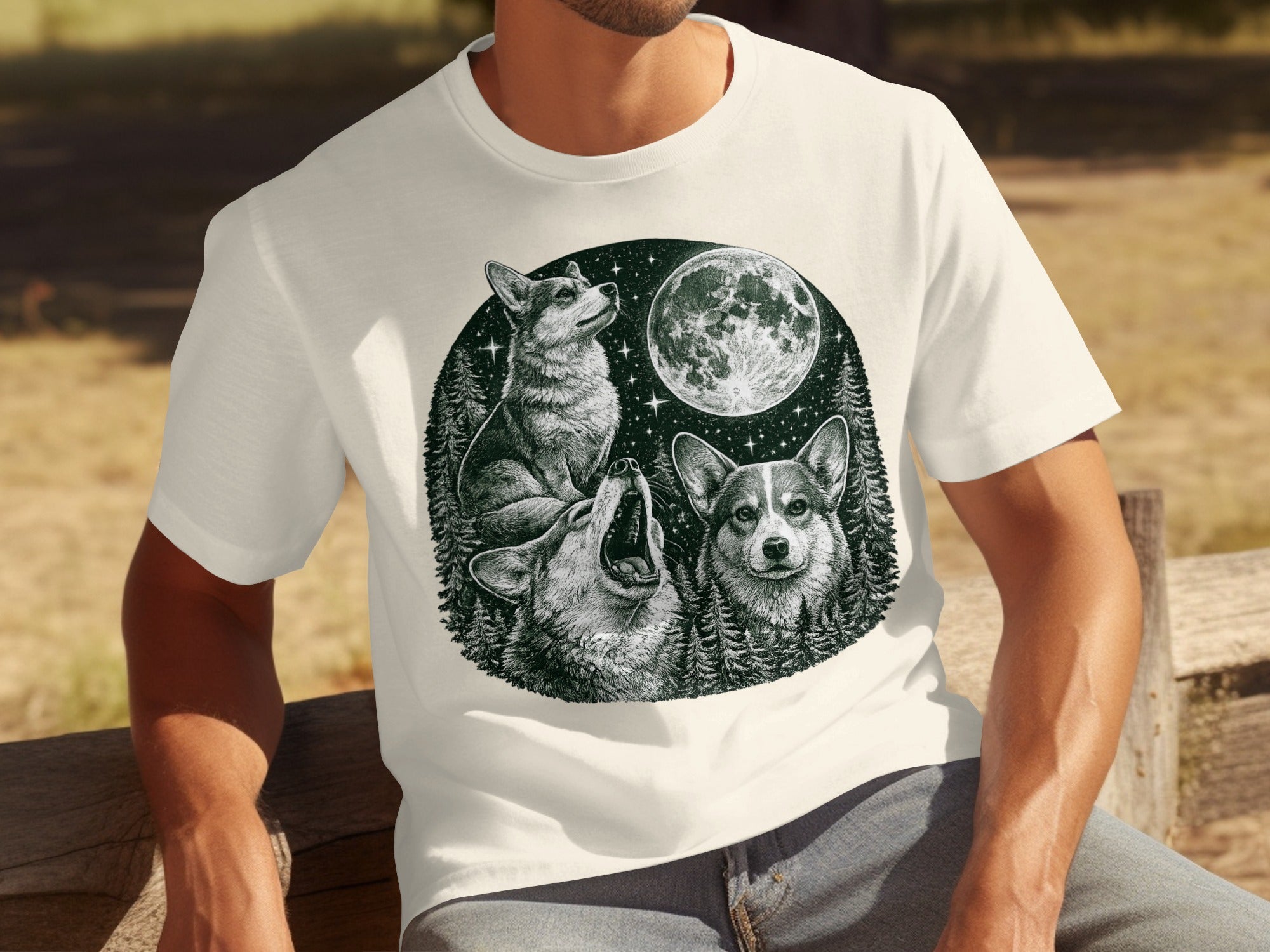 Three corgis are depicted in a circular forest scene with a moon and stars.