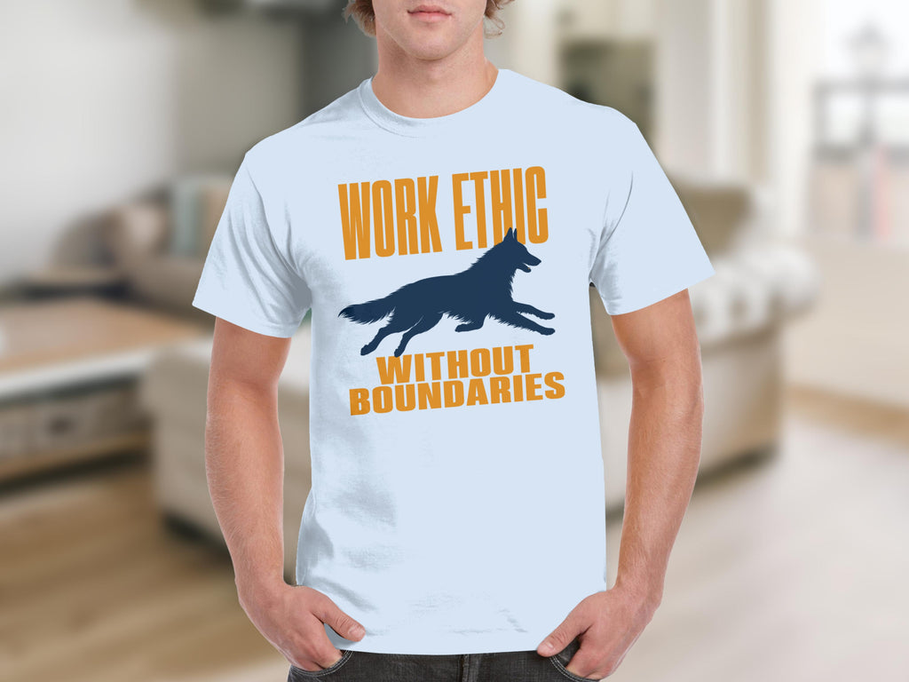 Light blue t-shirt with running dog graphic and "WORK ETHIC WITHOUT BOUNDARIES" text.