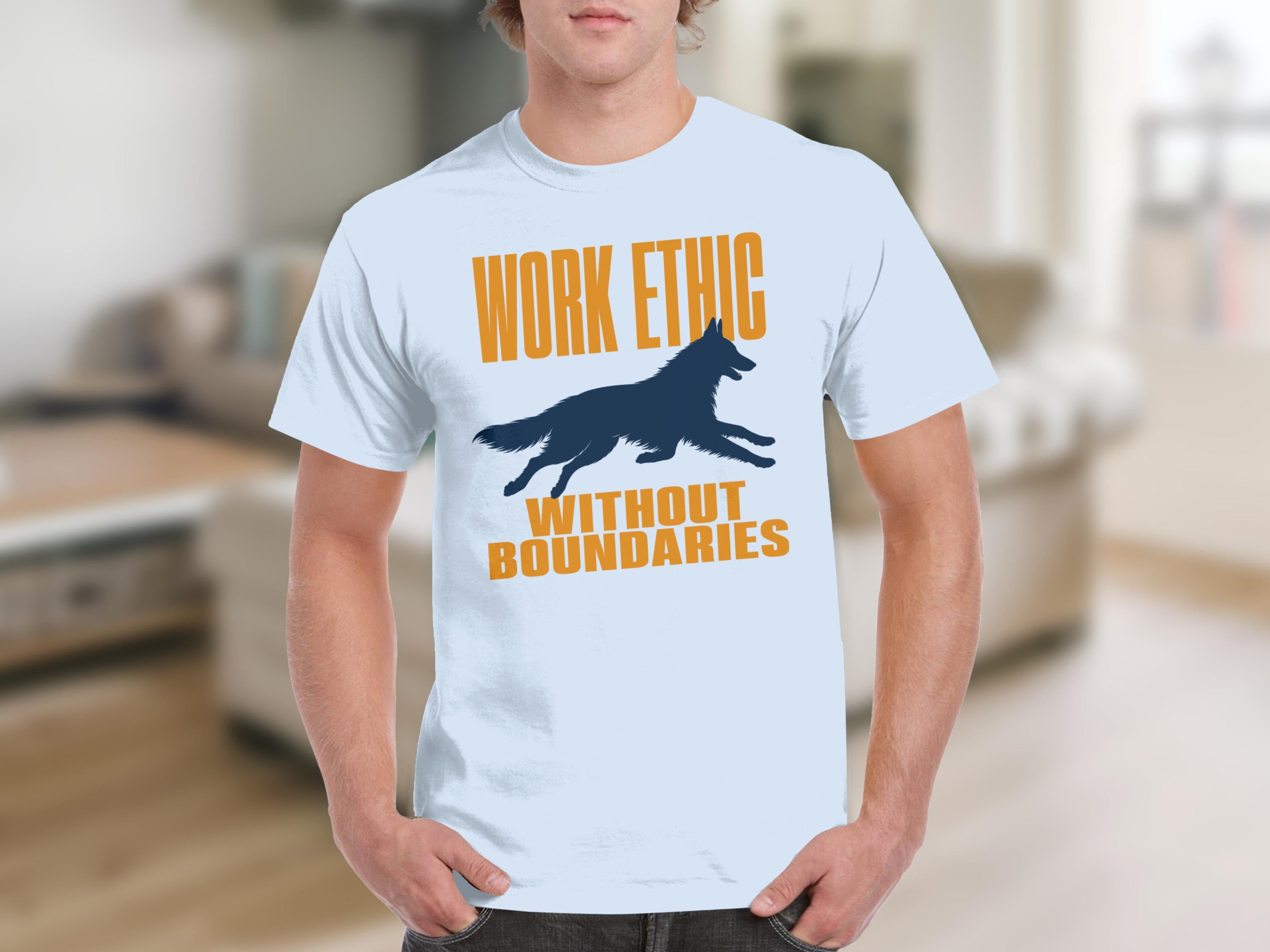 Light blue t-shirt with running dog graphic and "WORK ETHIC WITHOUT BOUNDARIES" text.