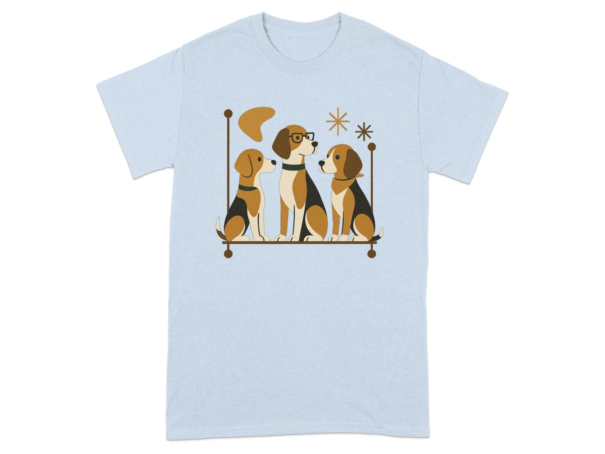 Three brown and white beagles sit on a shelf with abstract shapes and stars.