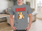 Grey t-shirt with "DEMOCRACY WAS NEVER AN OPTION" and a corgi.