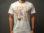 Dog-themed illustrations on a white t-shirt: dogs, bowls, balls, leash, and collar.