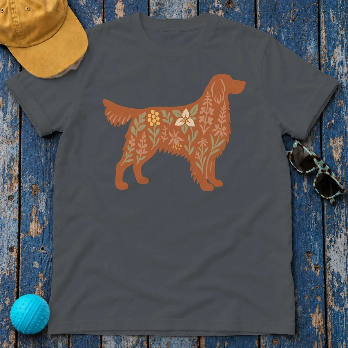Floral Irish Setter Dog Silhouette Art Illustration T-Shirt in Charcoal