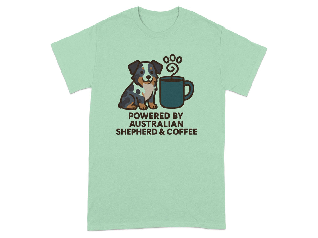 T-shirt with Australian Shepherd, coffee mug, and text "Powered by Australian Shepherd & Coffee".