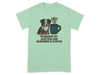 T-shirt with Australian Shepherd, coffee mug, and text "Powered by Australian Shepherd & Coffee".