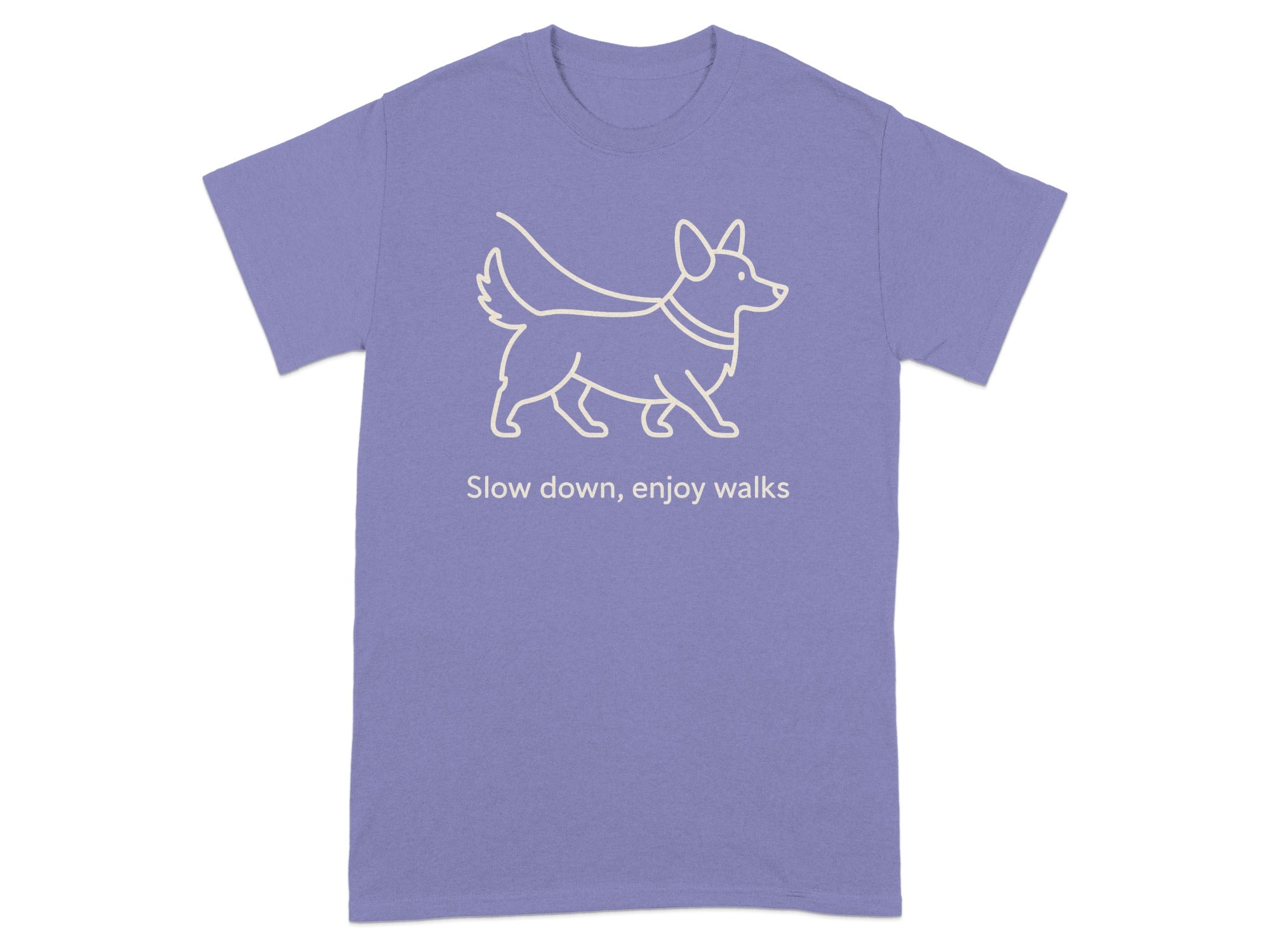 Lightline drawing of dog on lavender t-shirt with text "Slow down, enjoy walks."