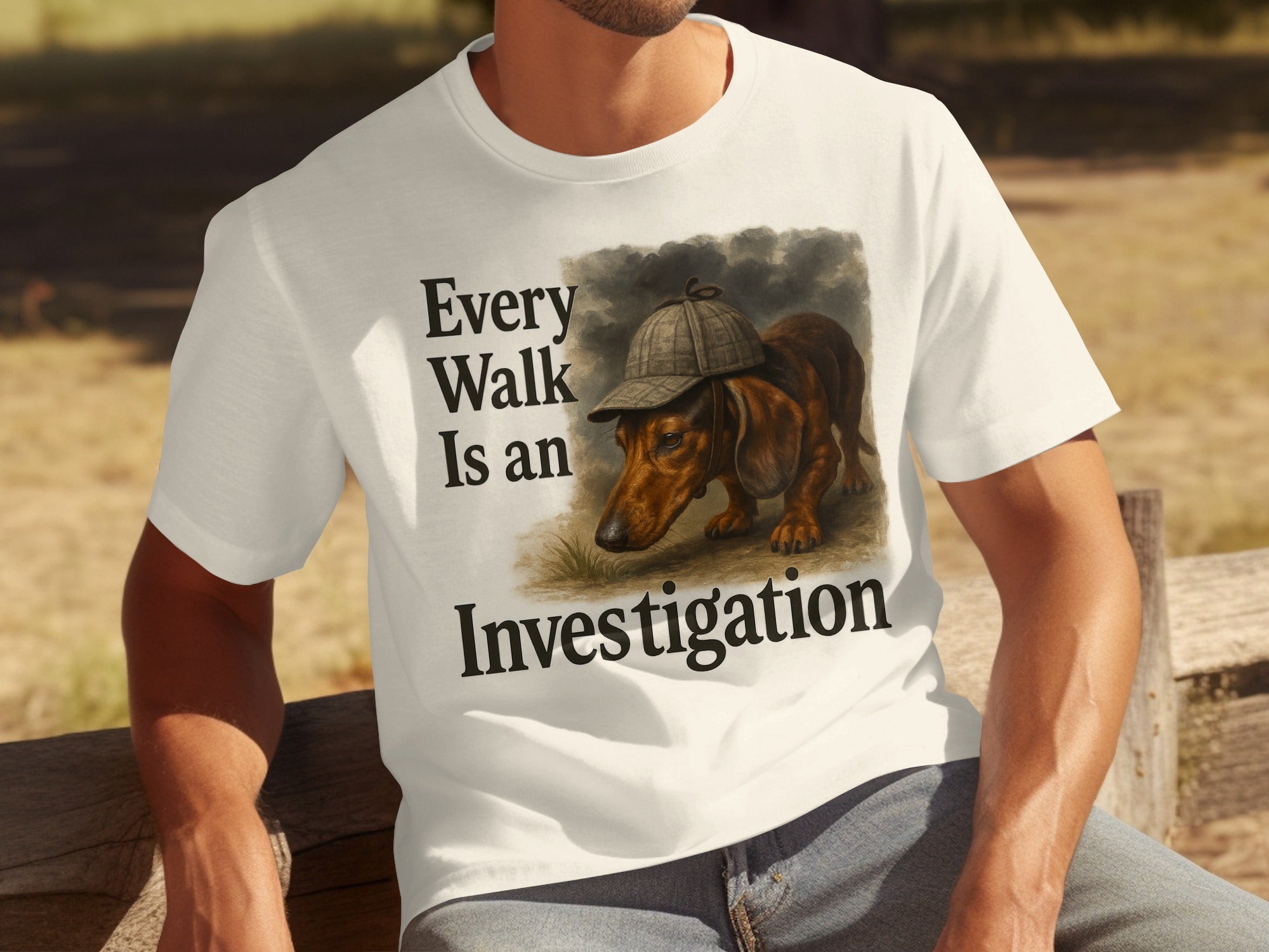 White t-shirt with dachshund wearing a hat and the text "Every Walk Is an Investigation".