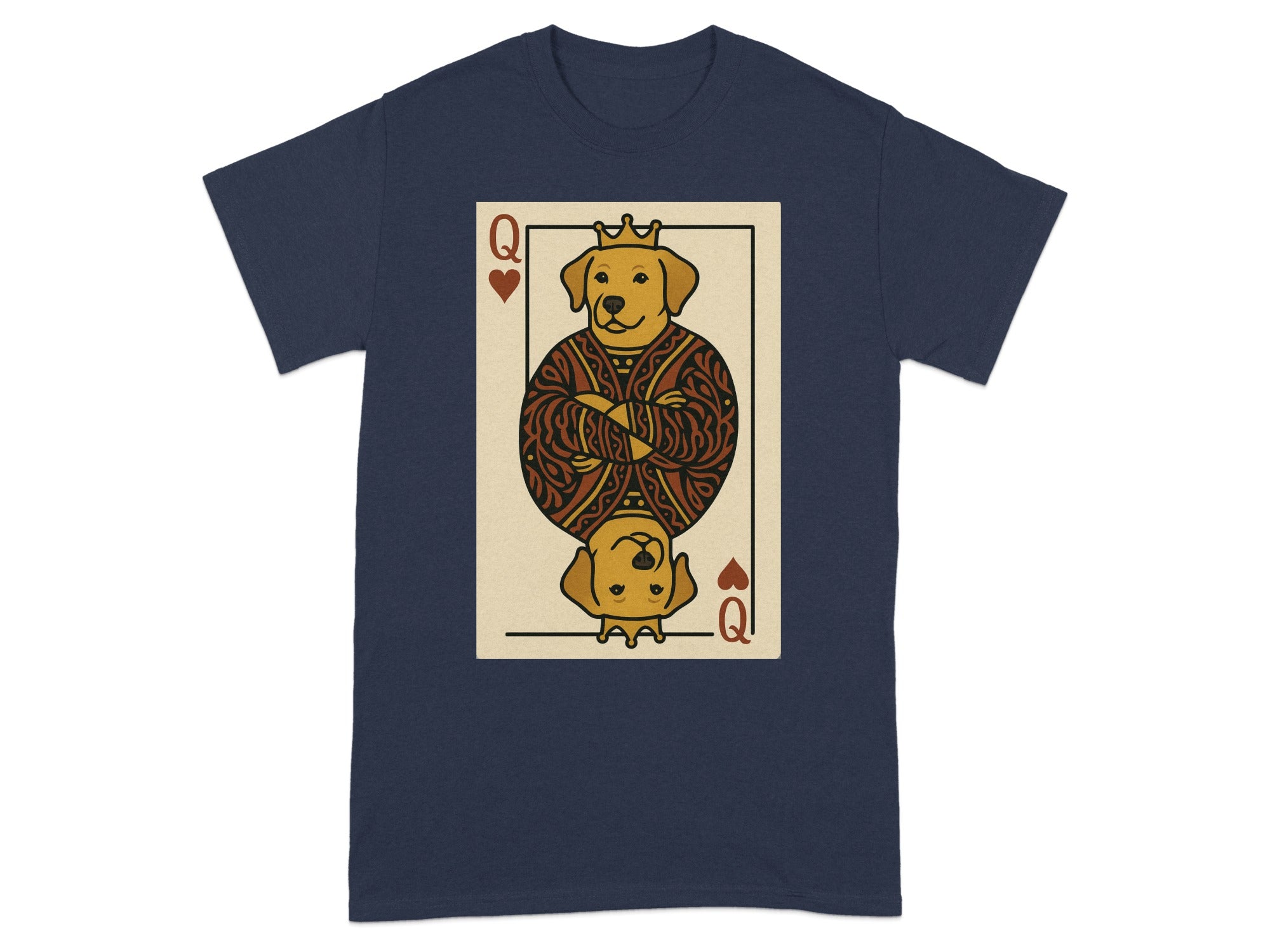 Dog wearing a crown on a playing card with Q and heart symbols.