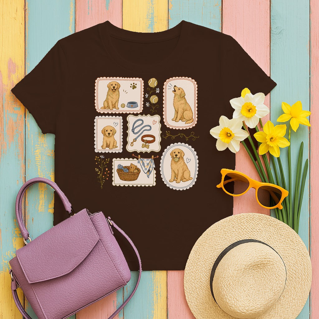 Cozy Golden Retriever Vignettes T-Shirt in Dark Chocolate