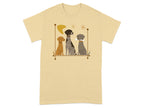 Three dogs, two brown and one grey, sitting together on a simple graphic background.