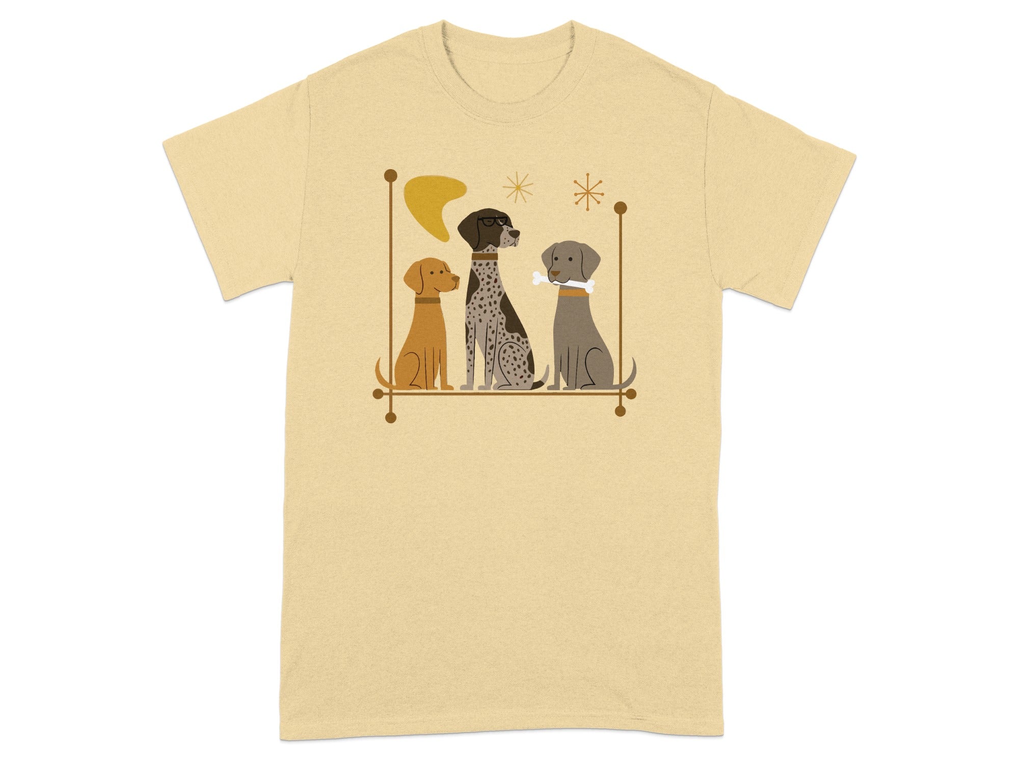 Three dogs, two brown and one grey, sitting together on a simple graphic background.