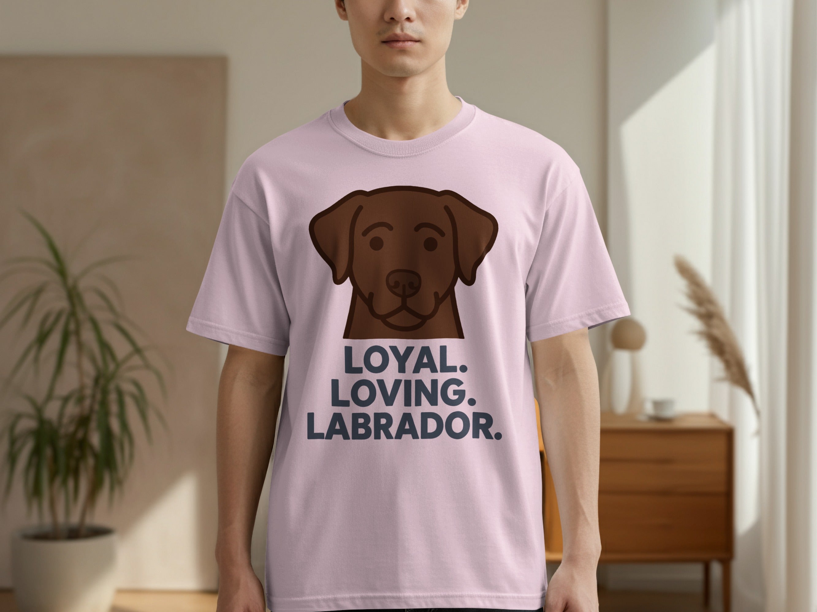 Pink t-shirt with a chocolate lab graphic and "Loyal. Loving. Labrador." text.