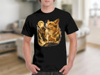 Black t-shirt with a graphic of two corgis howling at a full moon in a forest.