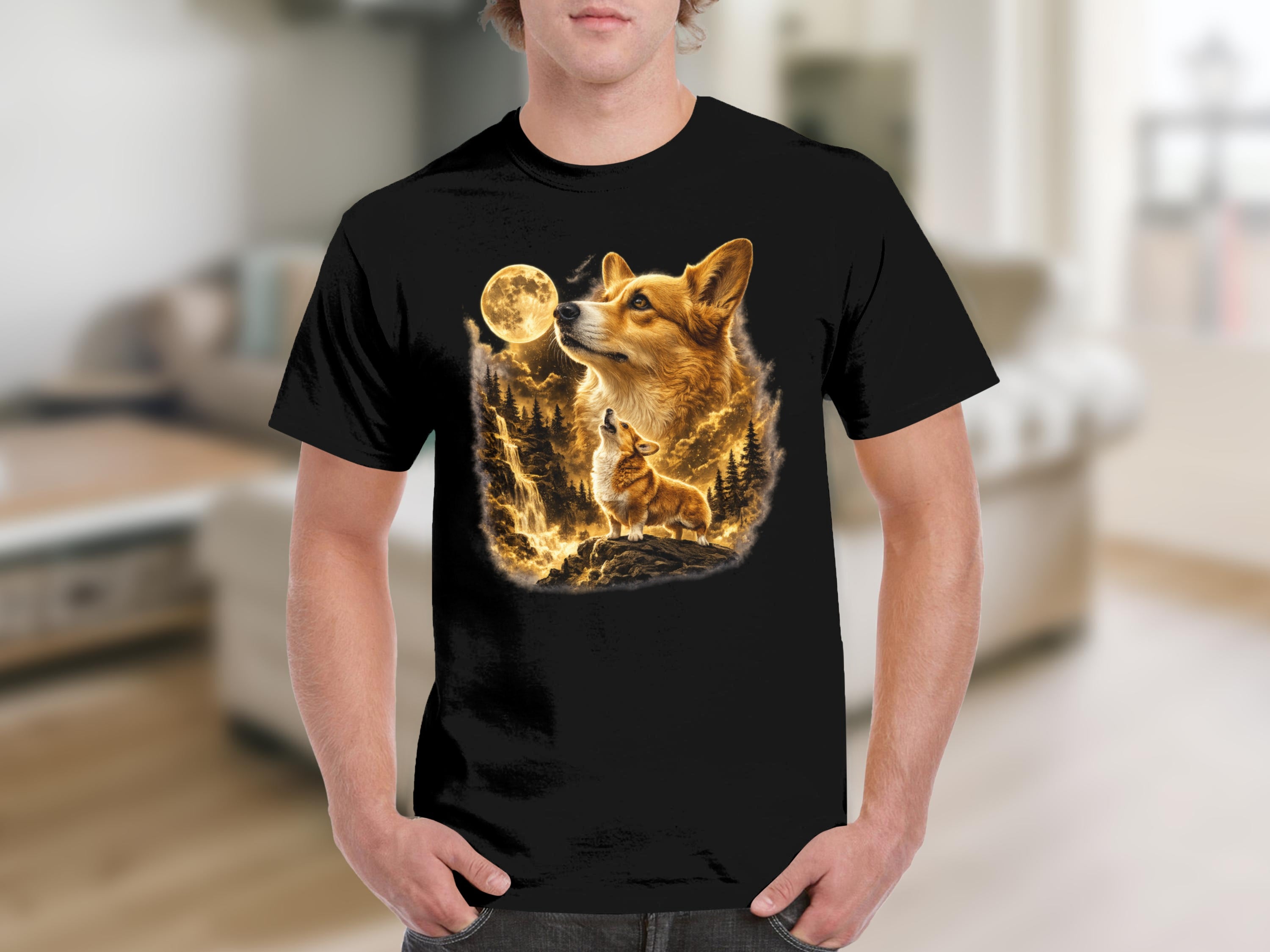 Black t-shirt with a graphic of two corgis howling at a full moon in a forest.