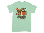 T-shirt with chihuahua and coffee graphic. Text reads "POWERED BY CHIHUAHUA & COFFEE".