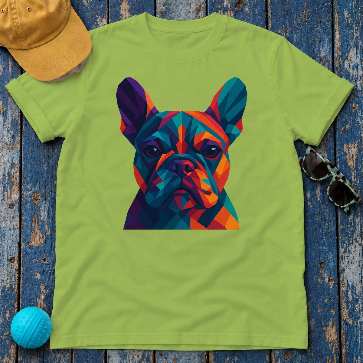 Geometric Colorful Frenchie Face T-Shirt in Kiwi