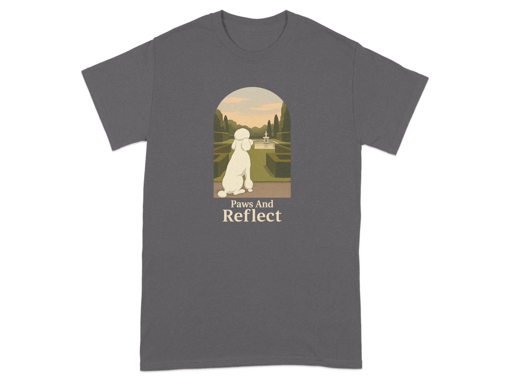 White poodle sitting in front of a garden with fountain, text "Paws And Reflect".