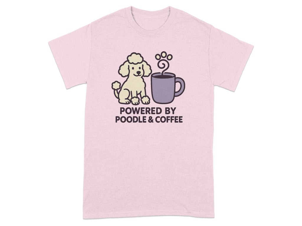 Pink t-shirt with a cartoon poodle and coffee mug, text "POWERED BY POODLE & COFFEE".