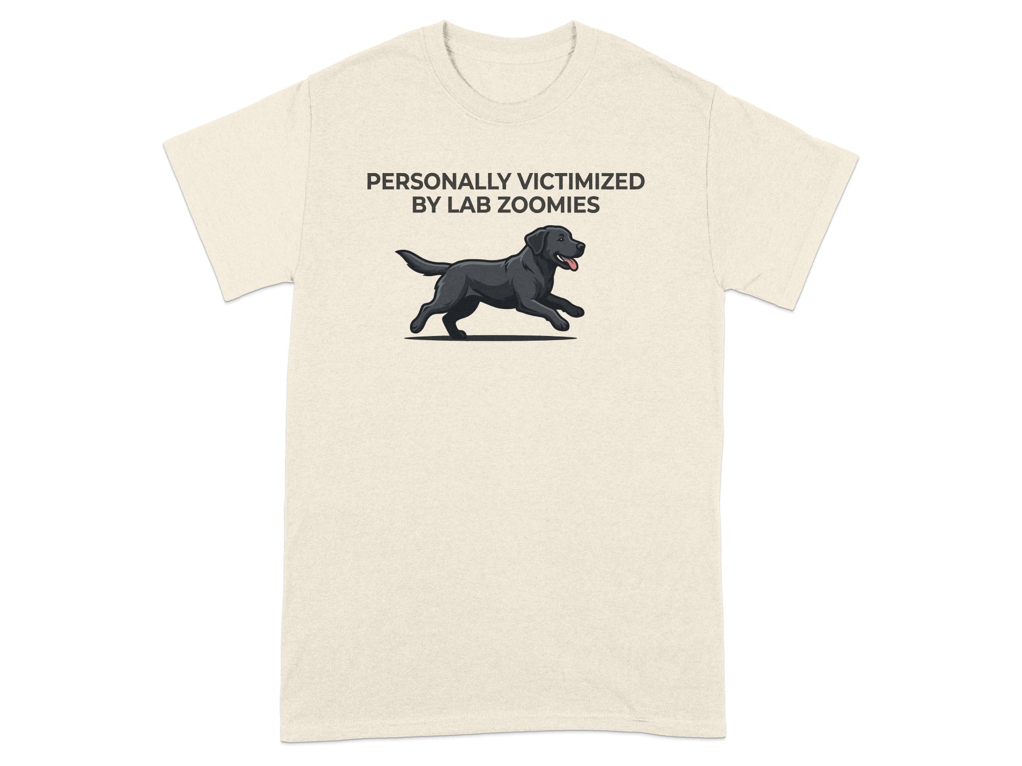 T-shirt with black Labrador running and text "Personally Victimized by Lab Zoomies".