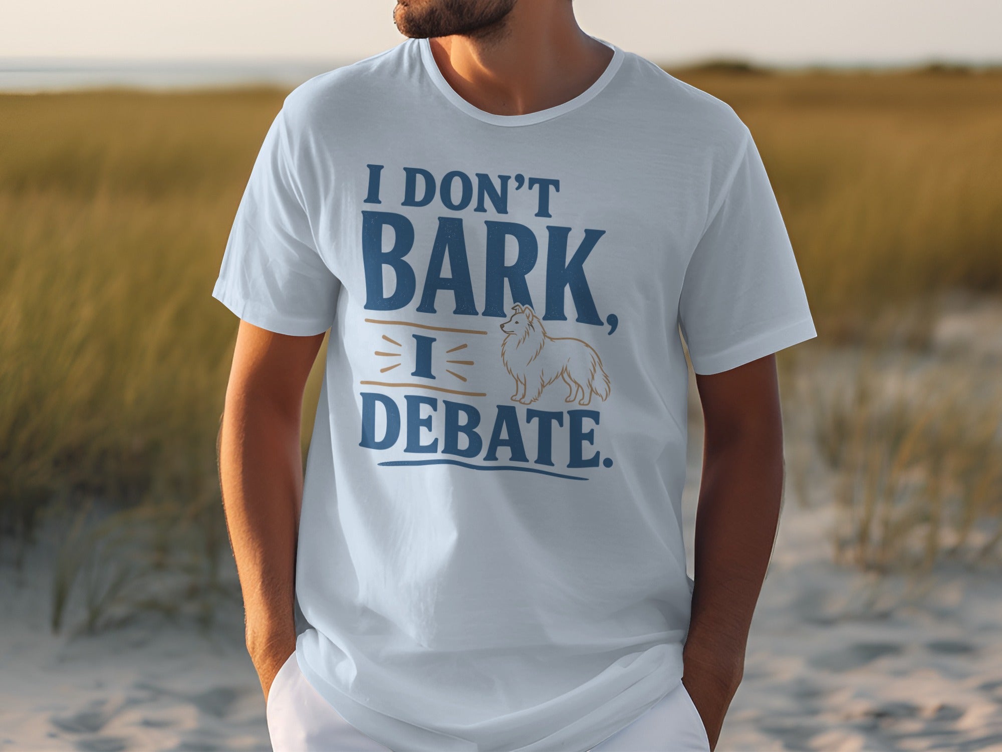 White t-shirt with "I DON'T BARK, I DEBATE." and a dog illustration.