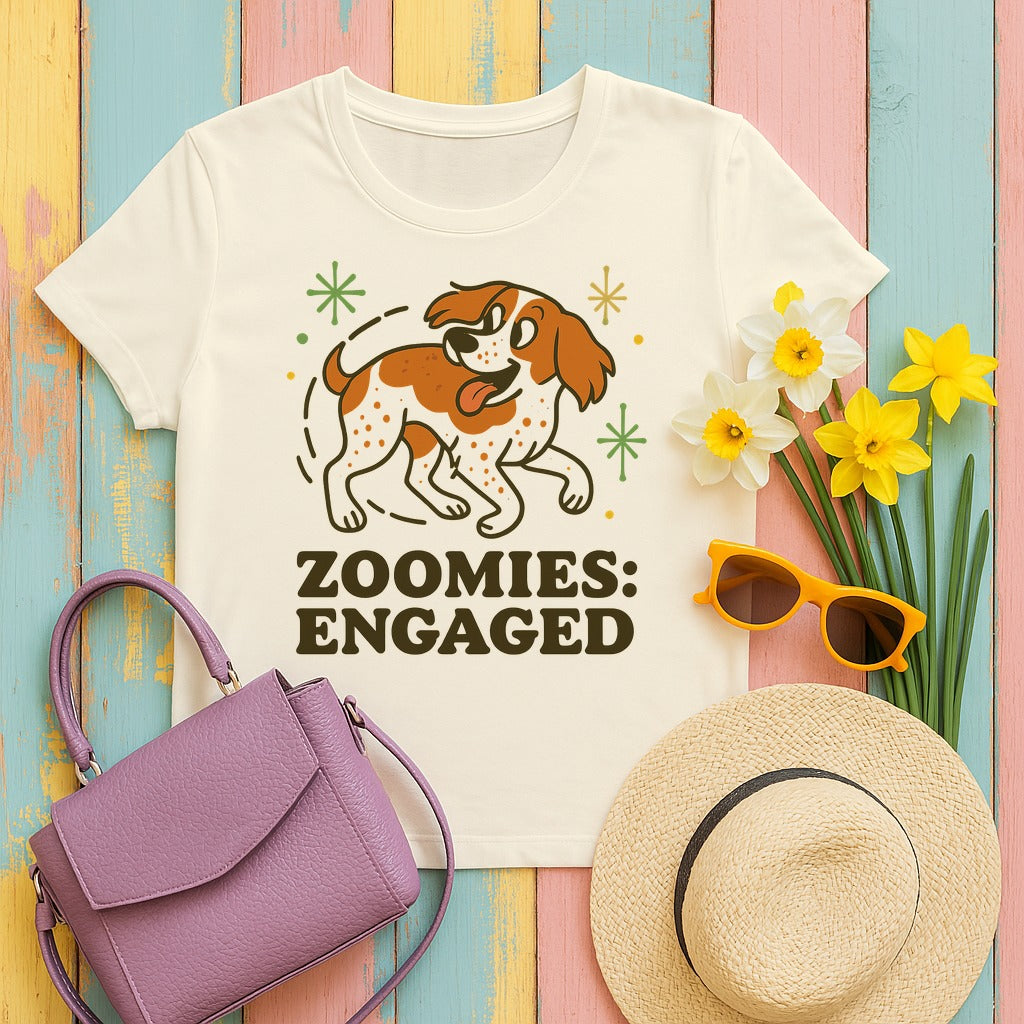 Brittany Spaniel Zoomies Engaged T-shirt in Natural