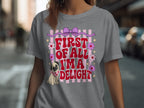 Gray t-shirt with pink text "First of all I'm a delight" and pug graphic.