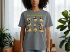 Grey t-shirt with illustrated pug poses and "Pug Mood Chart" text.
