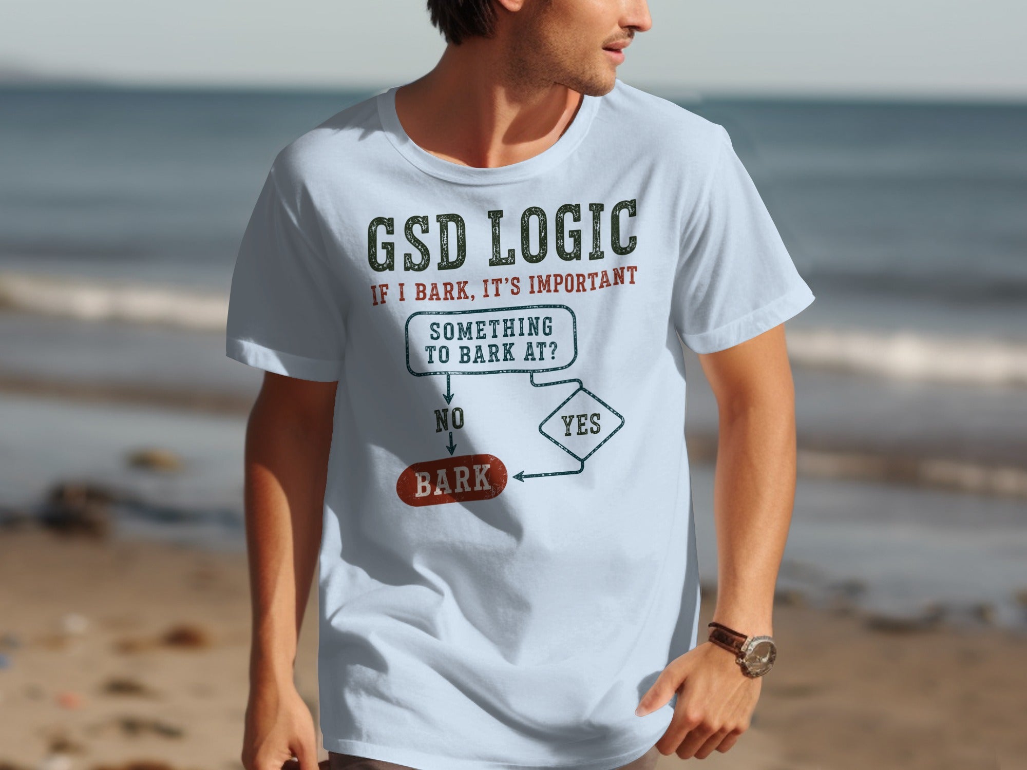 T-shirt with "GSD Logic: If I bark, it's important" flowchart.