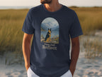 German Shepherd dog in arched landscape portrait with "Paws And Reflect" text.
