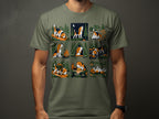 Beagle dogs in outdoor camping scenes, illustration on a green t-shirt.