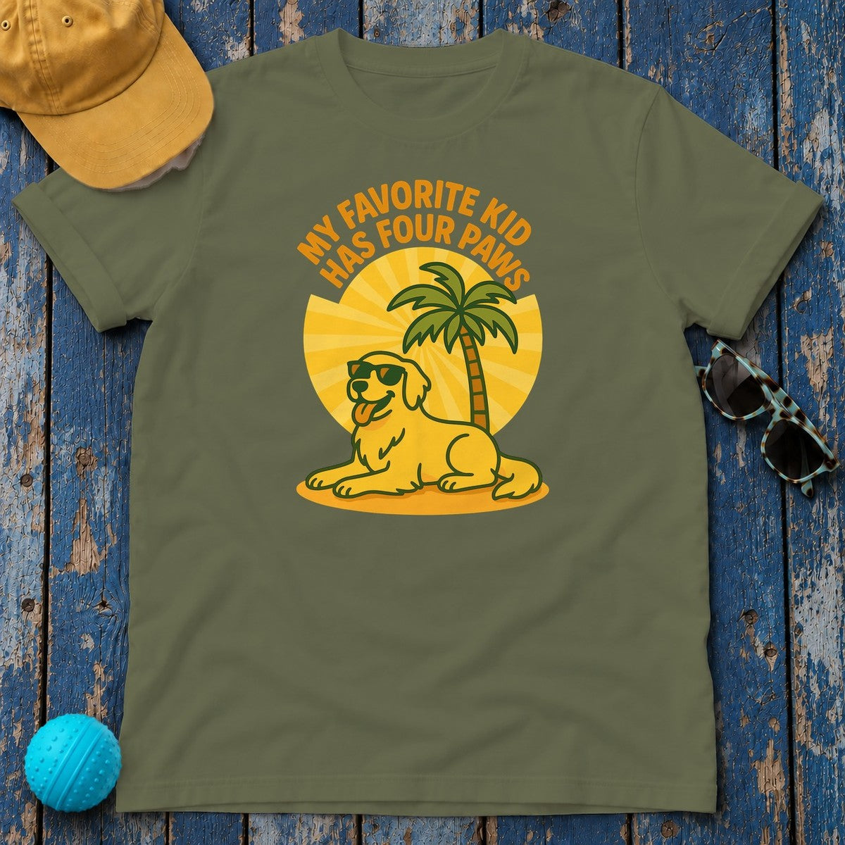 My Favorite Kid Has Four Paws With Golden Retriever T-Shirt in Military Green