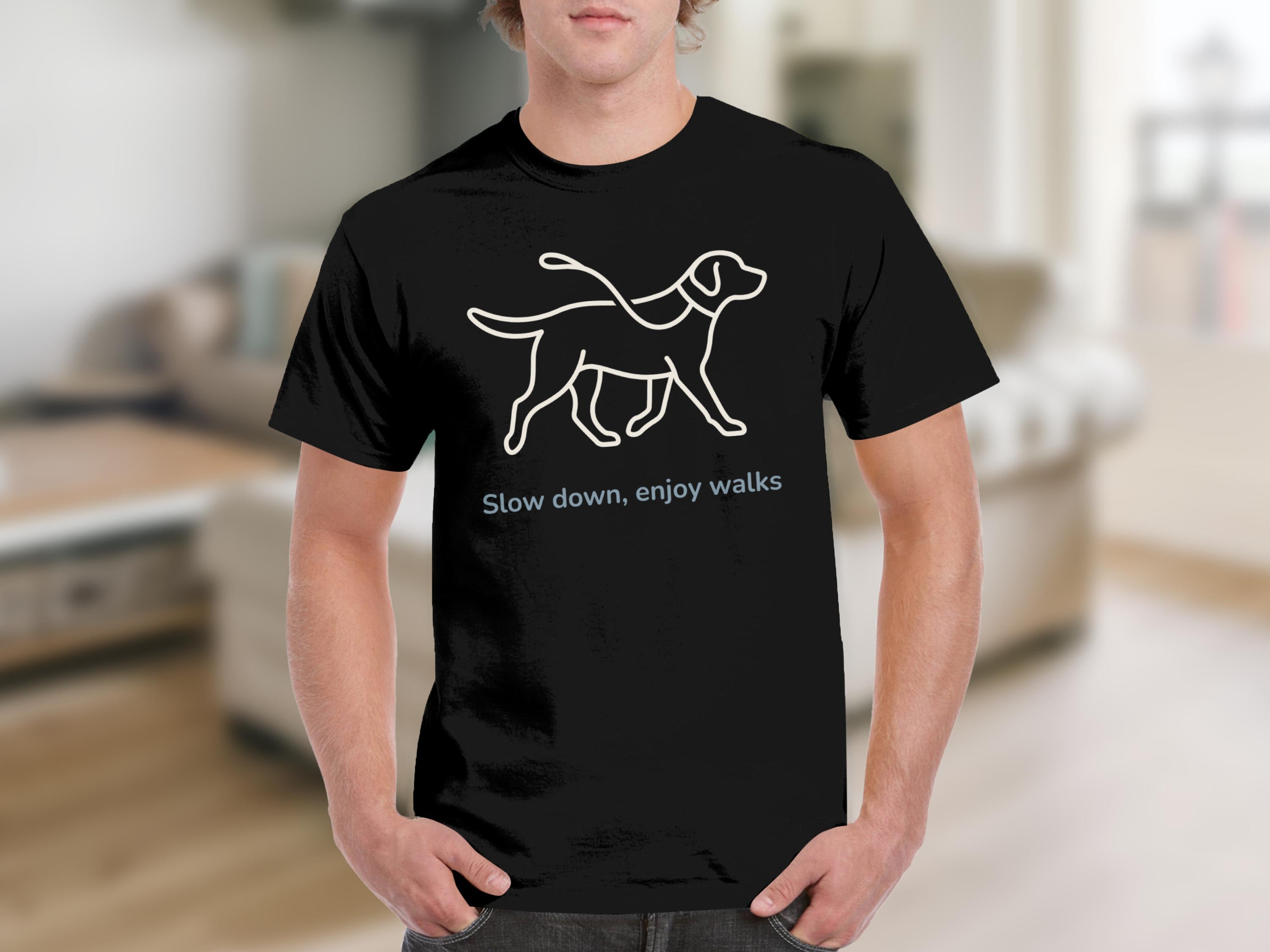 Slow Down Enjoy Walks Dog Outline Black T-Shirt