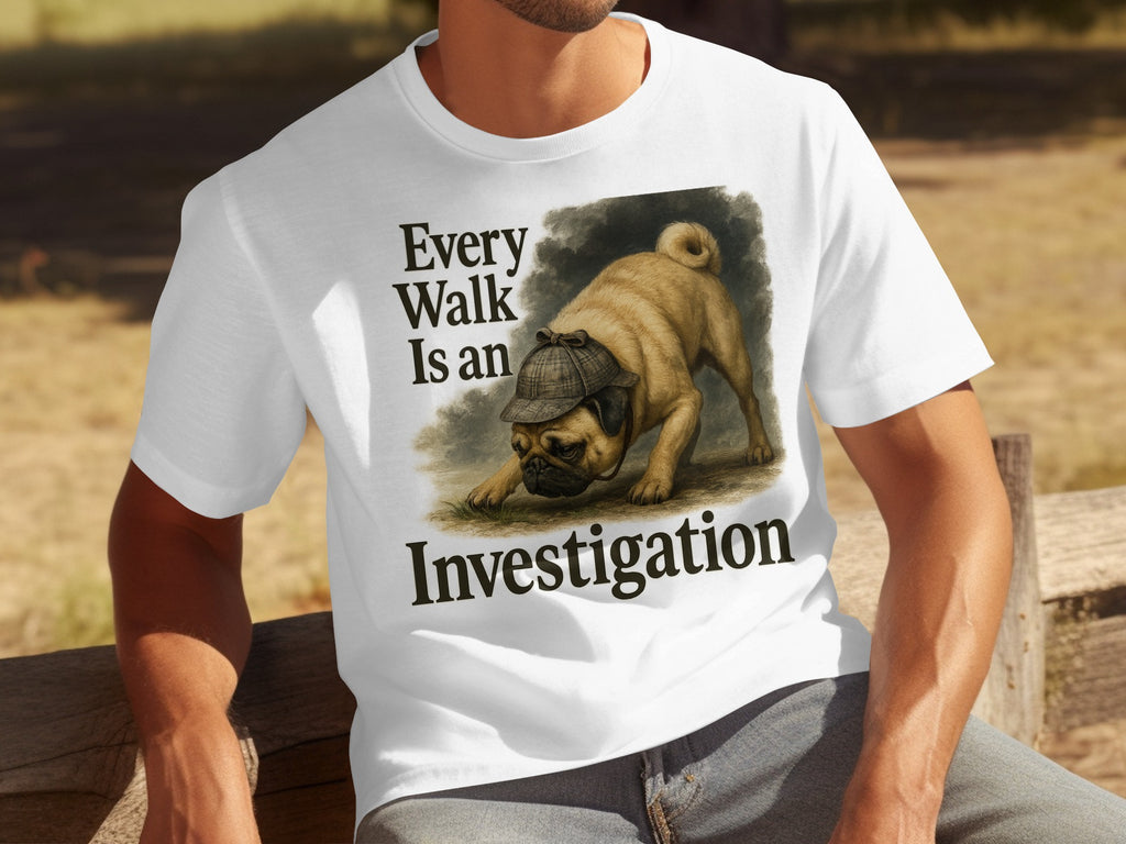 White t-shirt with a pug wearing a flat cap, reading "Every Walk Is an Investigation".
