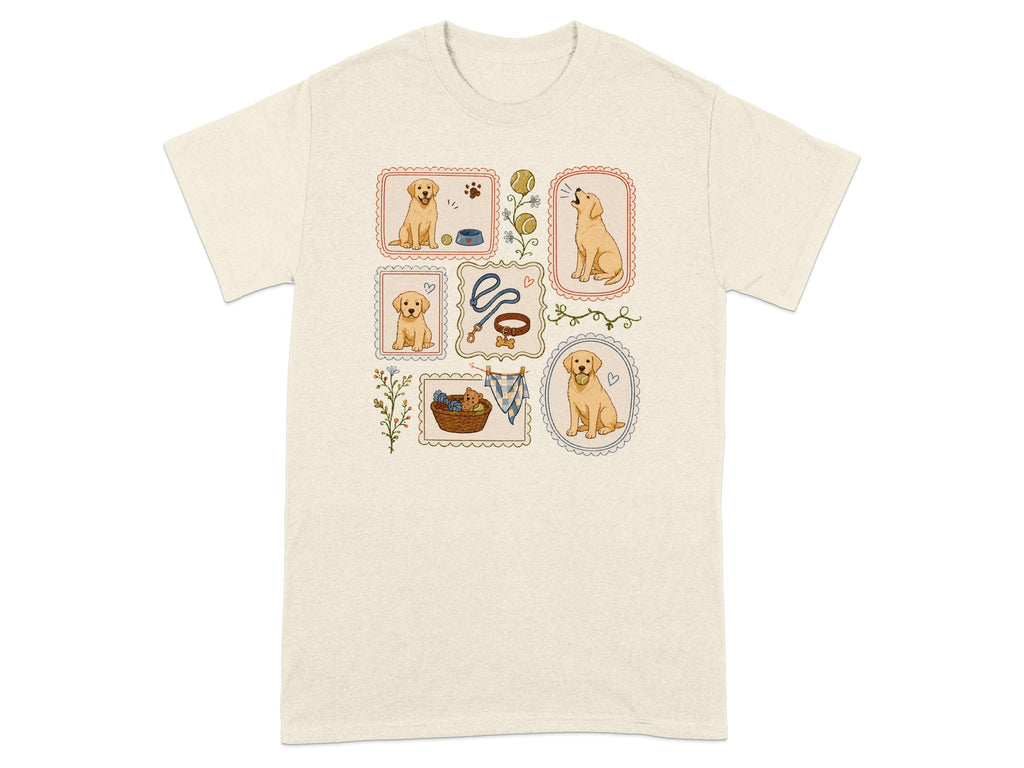 Framed illustrations of golden retrievers with toys, leash, and hearts on an off-white t-shirt.