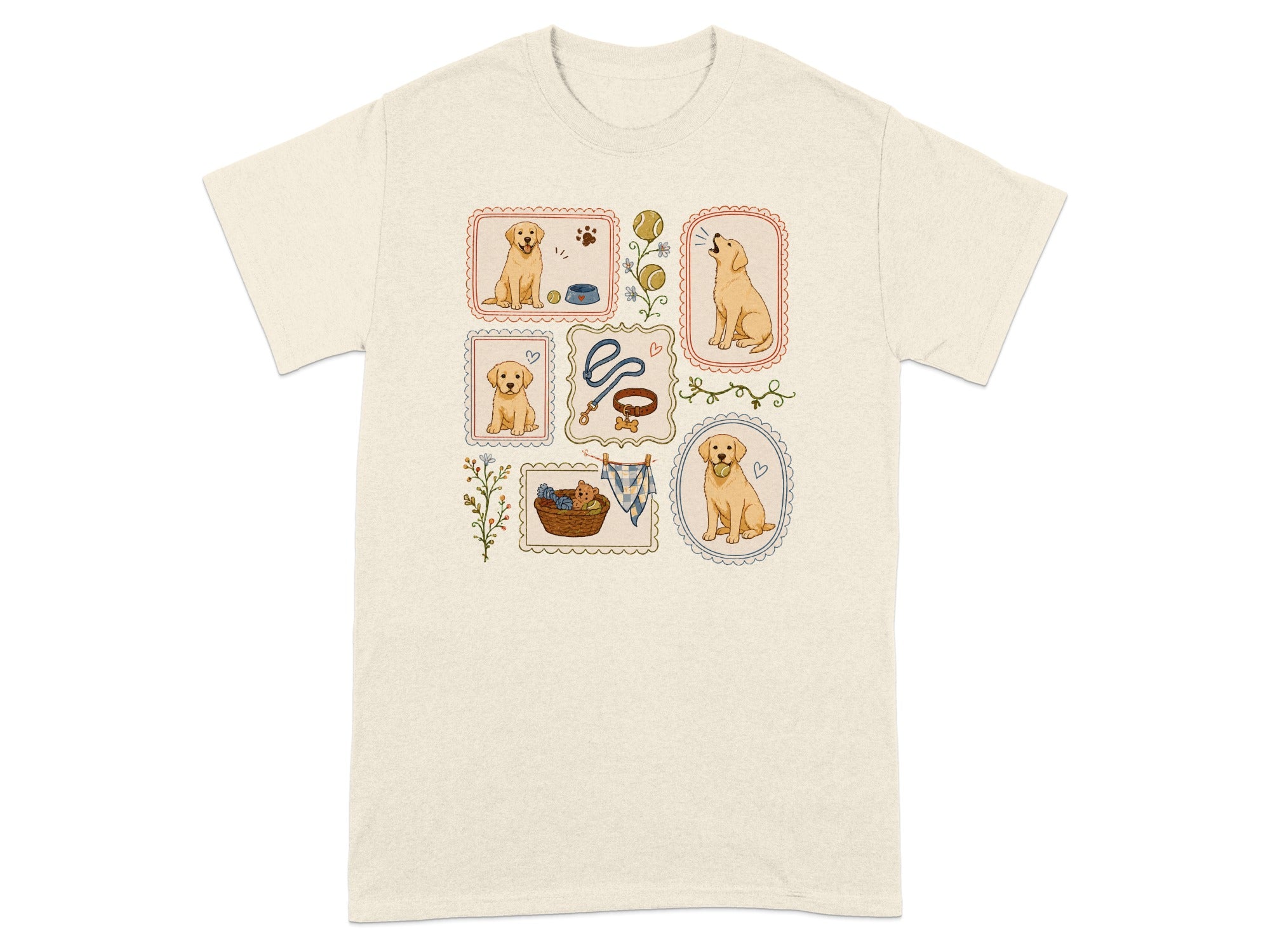 Framed illustrations of golden retrievers with toys, leash, and hearts on an off-white t-shirt.