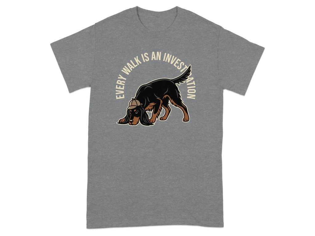 Dog wearing a hat and sniffing the ground with text "Every walk is an investigation."