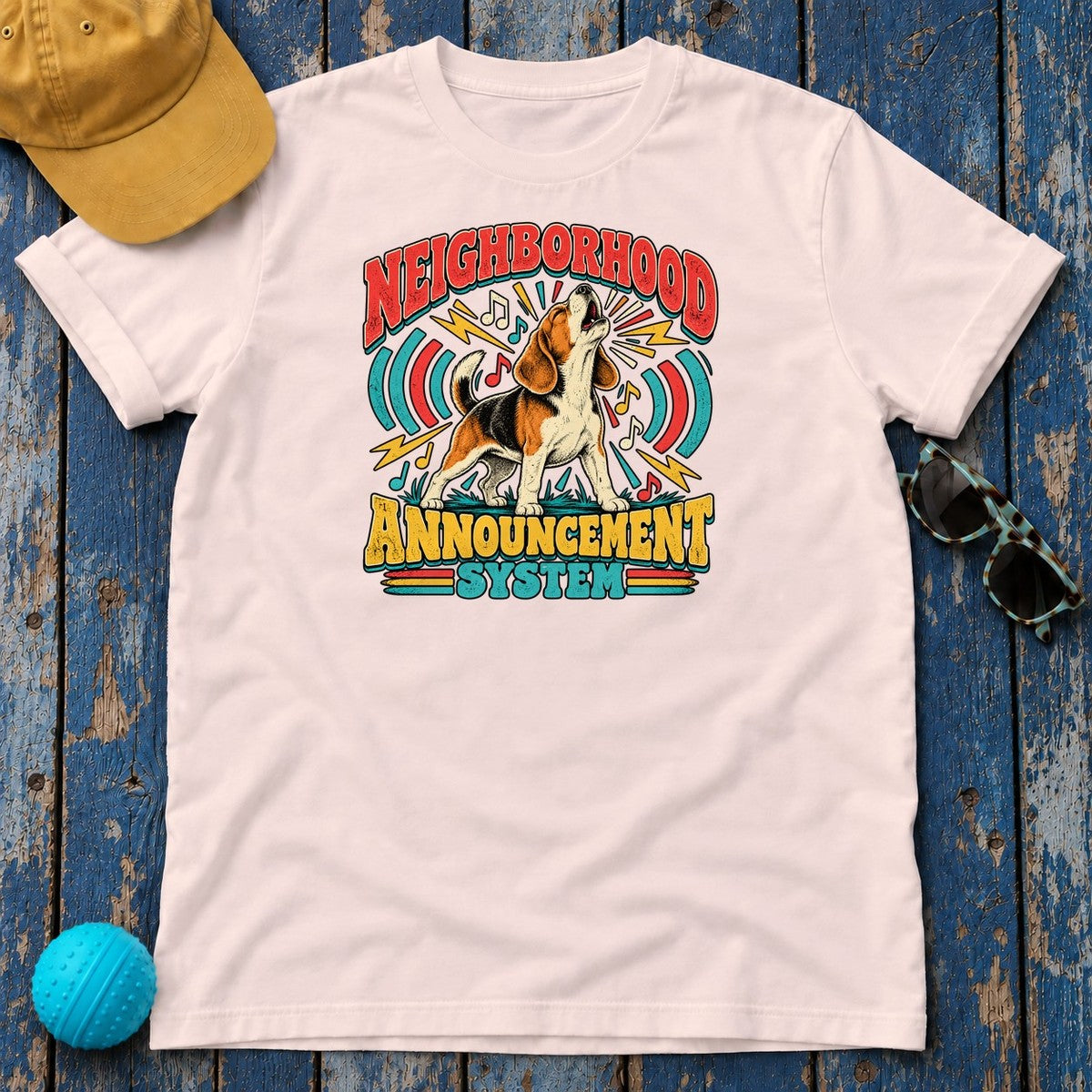 Neighborhood Announcement System Beagle T-Shirt in Soft Pink - flat lay