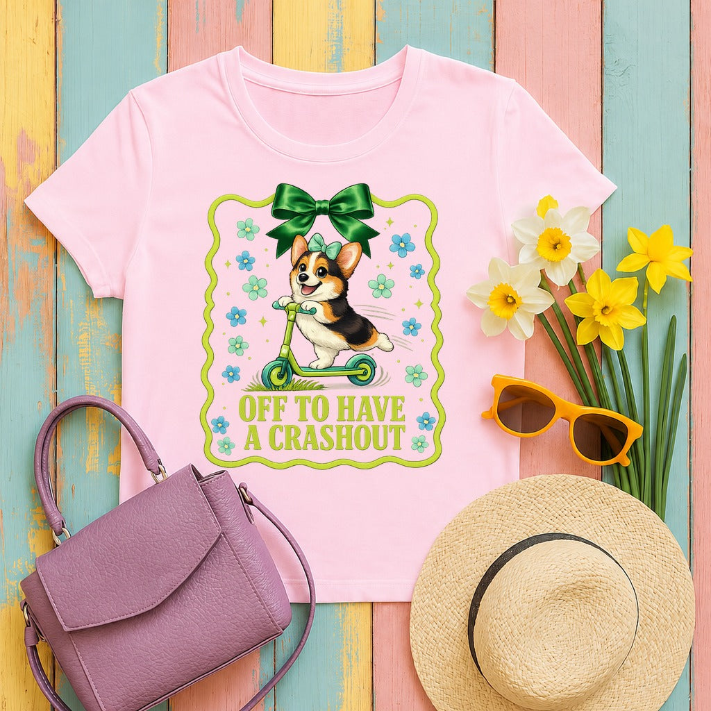 Happy Corgi Scooter "Crashout" T-Shirt in Light Pink
